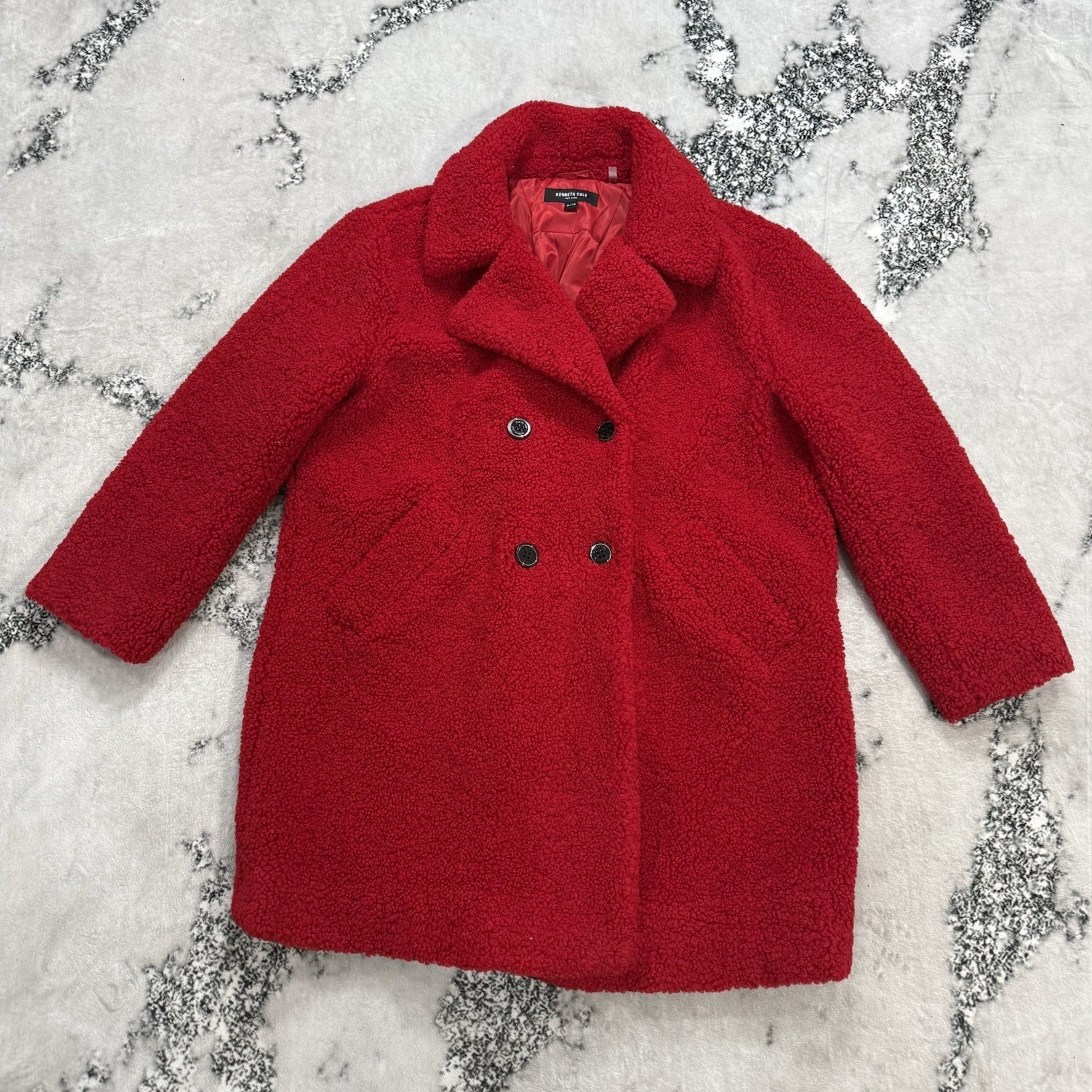 Kenneth Cole New York Teddy Coat Womens Sz Xl Red Sherpa Fleece Double Breasted
